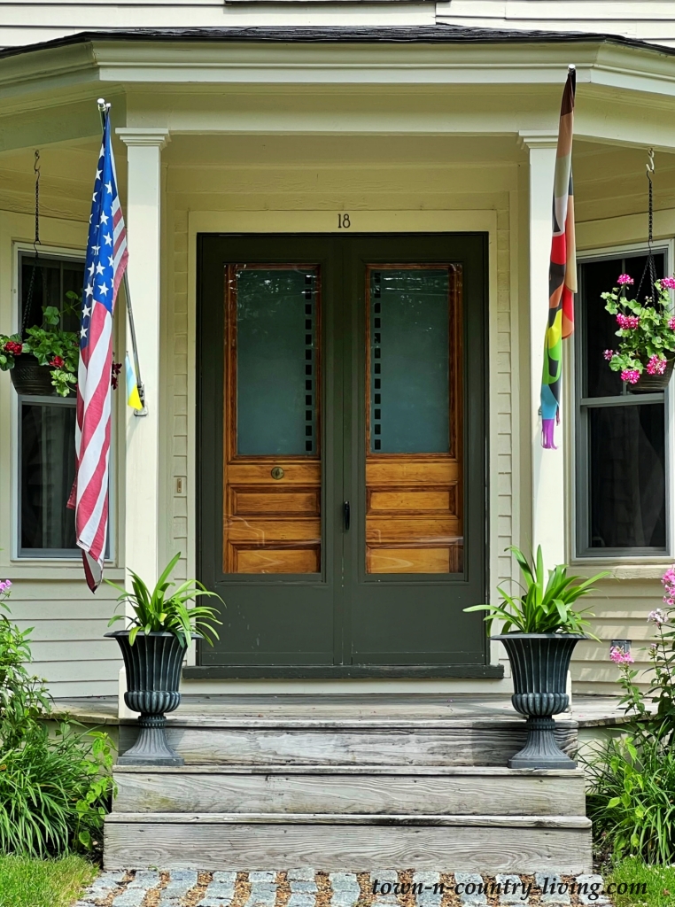 double wooden front doors on Maine home