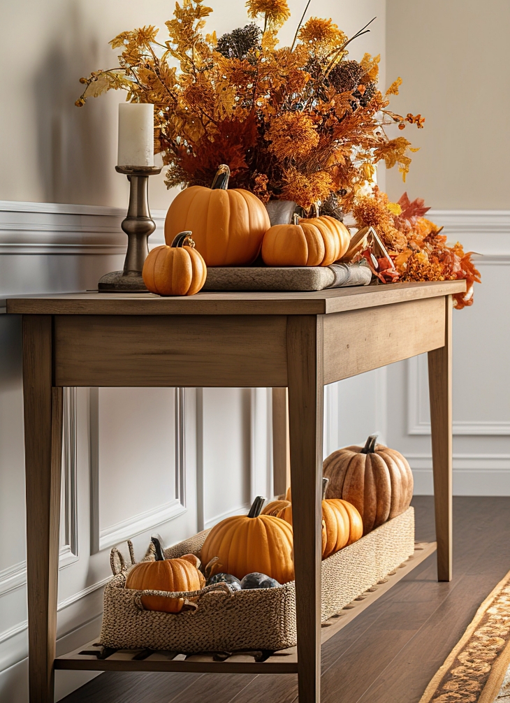 a hallway with a console table decorated with pumpkins and a bouquet of fall flowers
