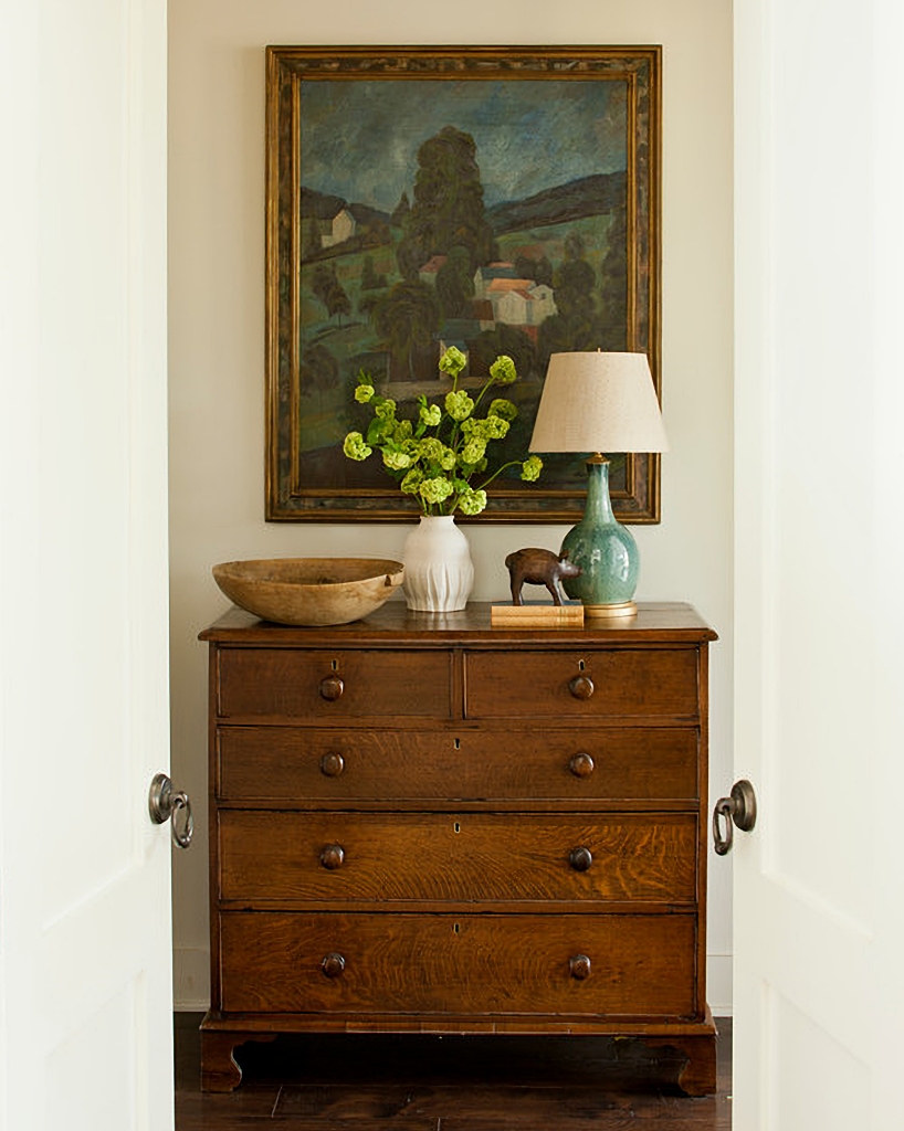 wood chest of drawers in farmhouse entryway