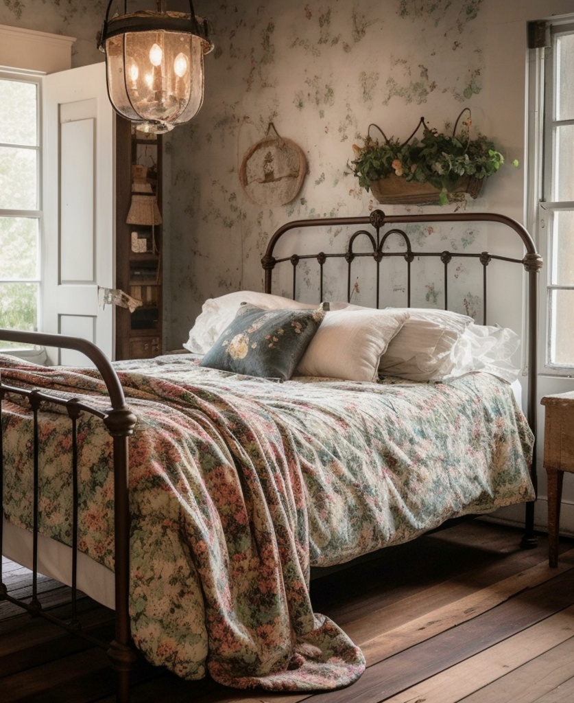A charming French Country Bedroom with a vintage iron bed
