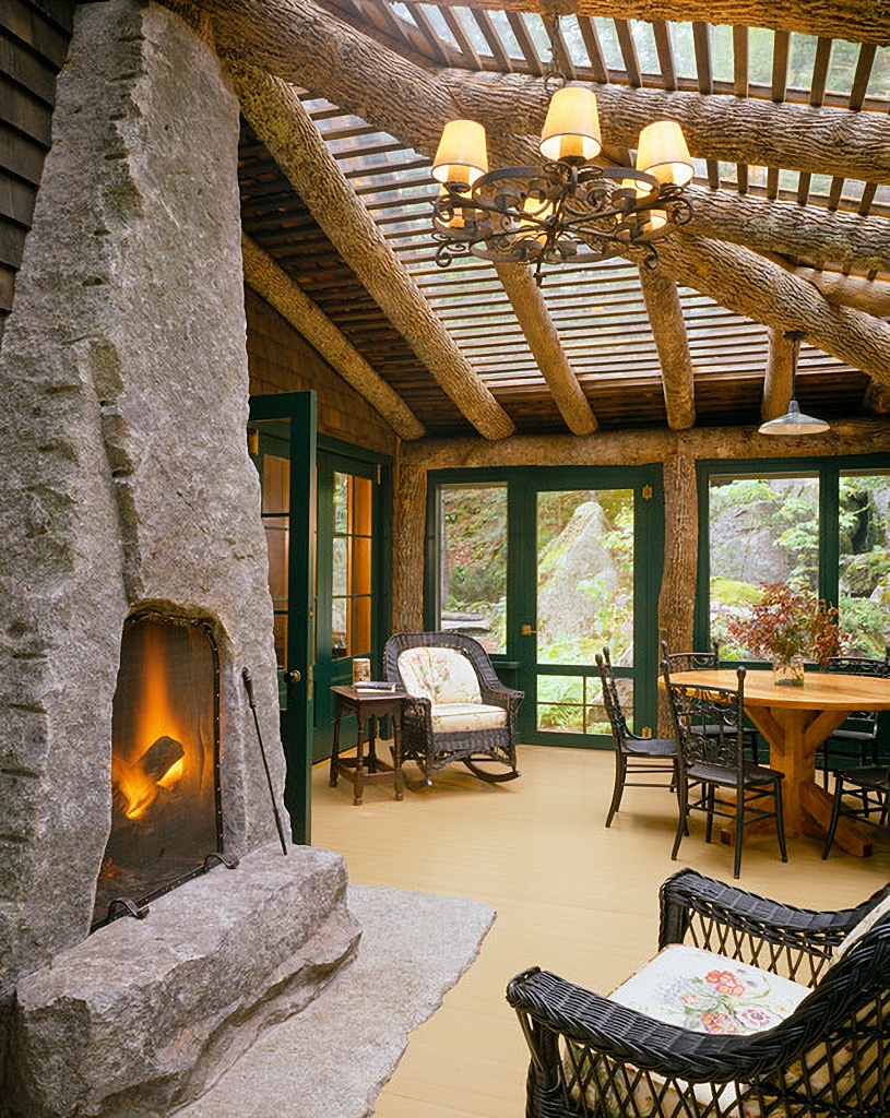 rustic screened porch in Maine cabin