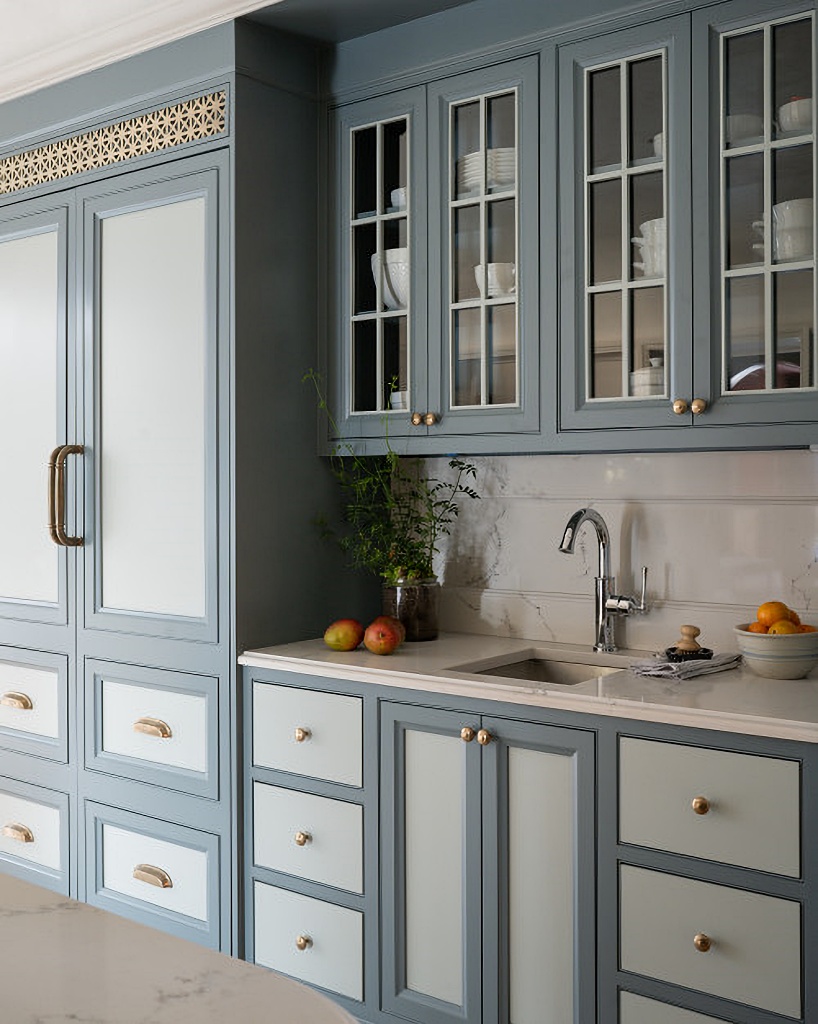 blue cabinetry in country style kitchen