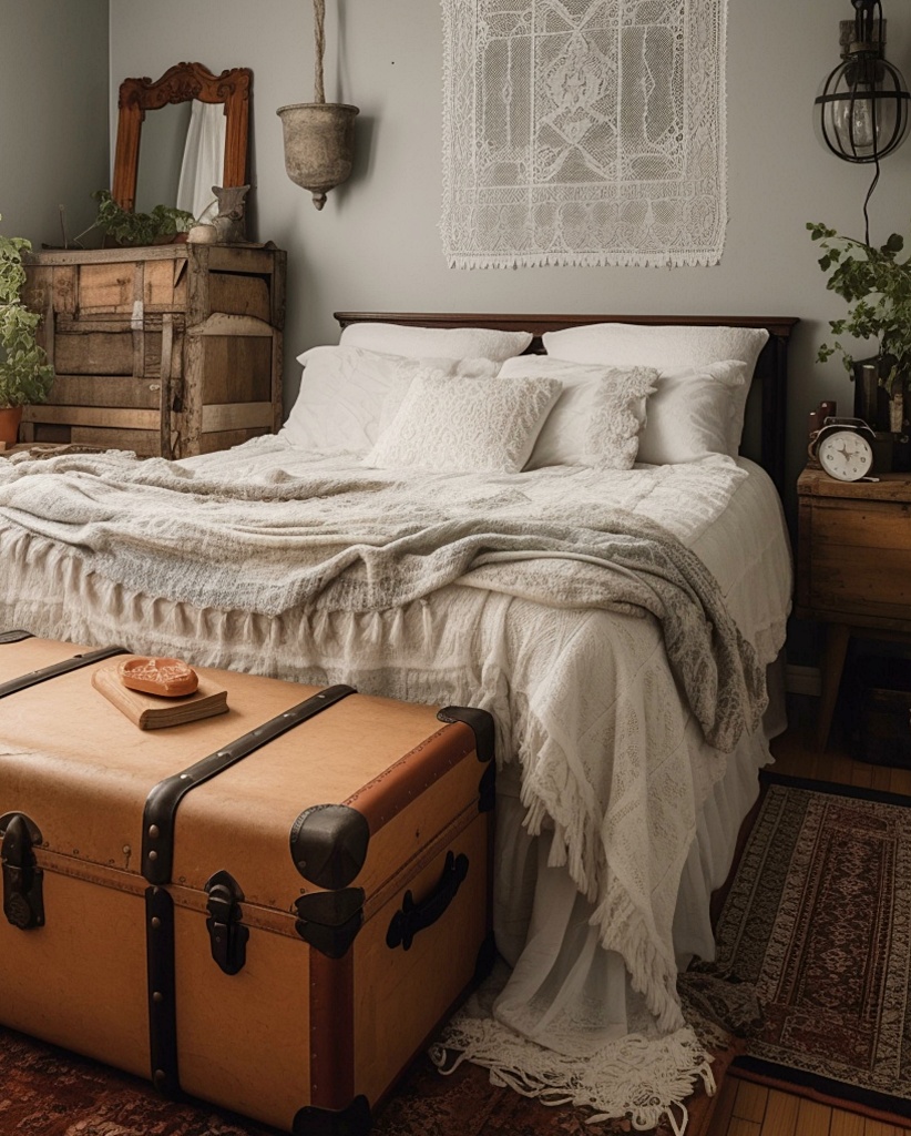 A quaint Country Bedroom with a vintage trunk
