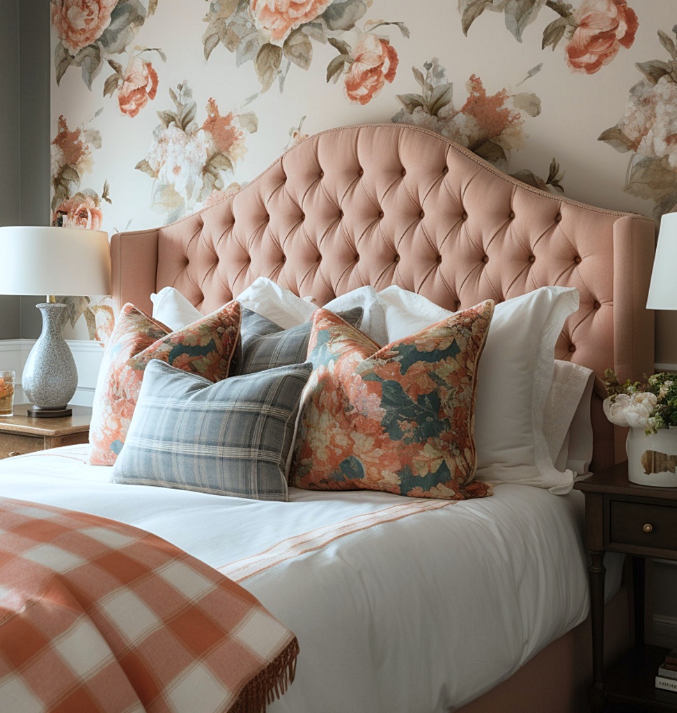 A traditional bedroom with a floral upholstered headboard and plaid accent pillows