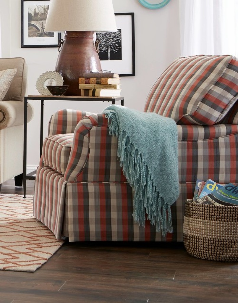 plaid chair in living room