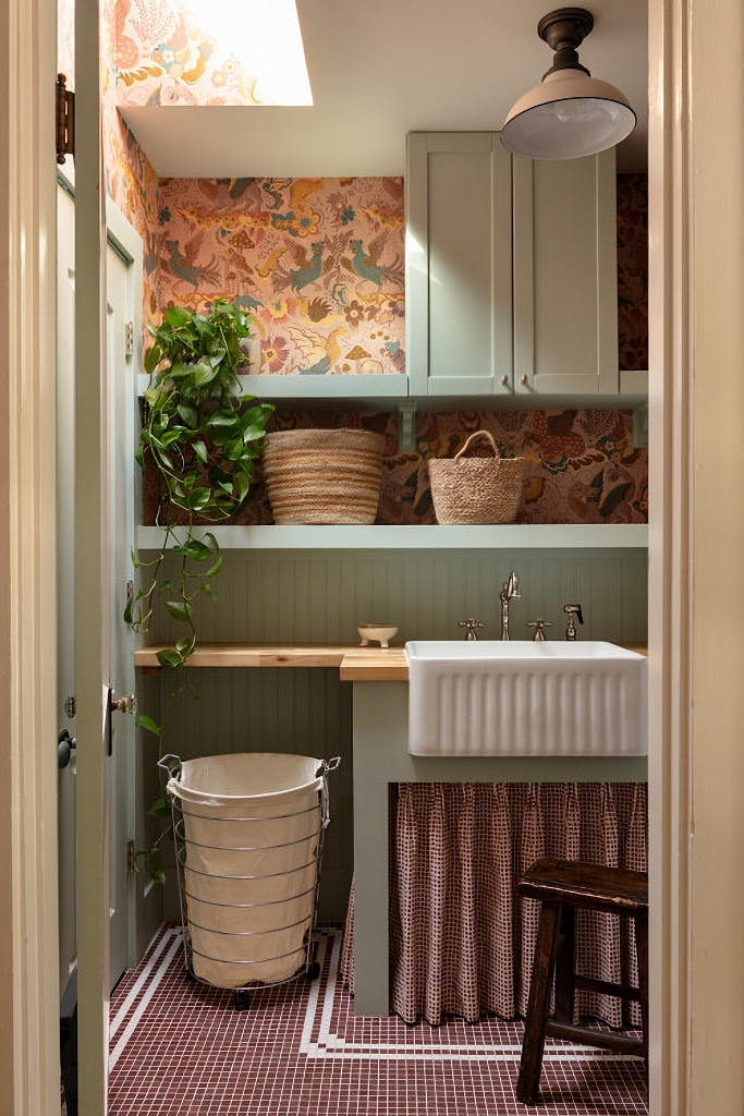 craftsman laundry room with wallpaper