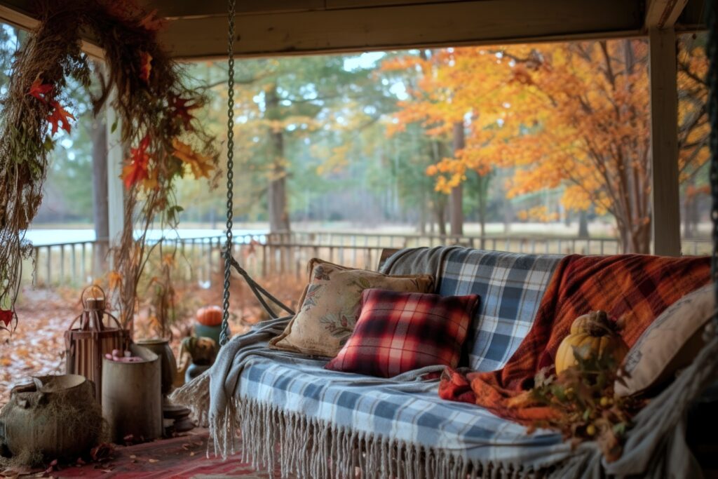 cozy porch swing with plaid blankets 