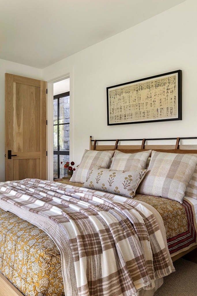 neutral plaid and patterns in bedroom