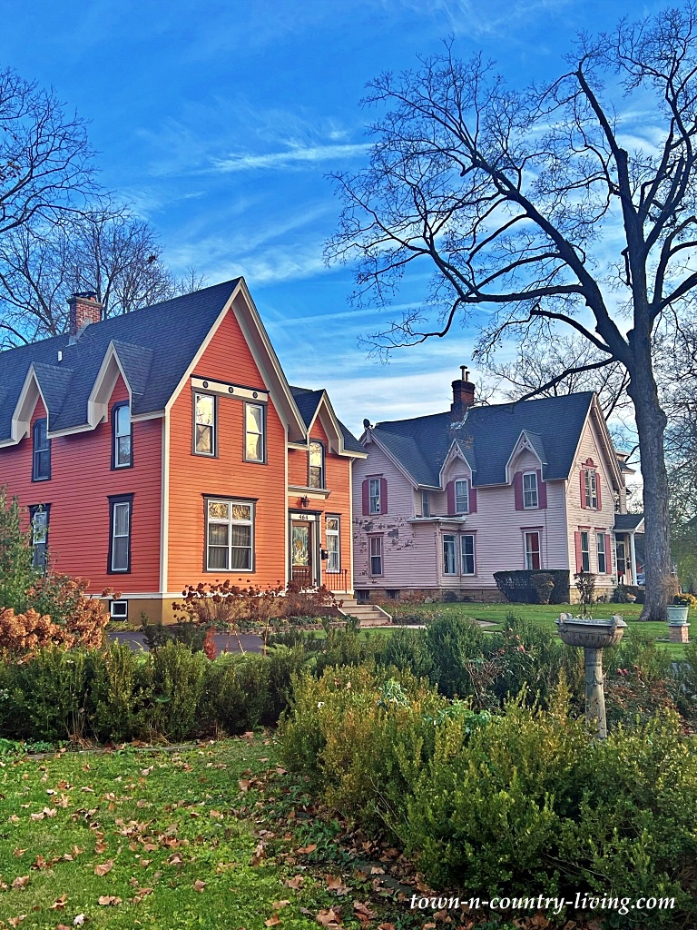 orange and pink houses in historic neighborhood