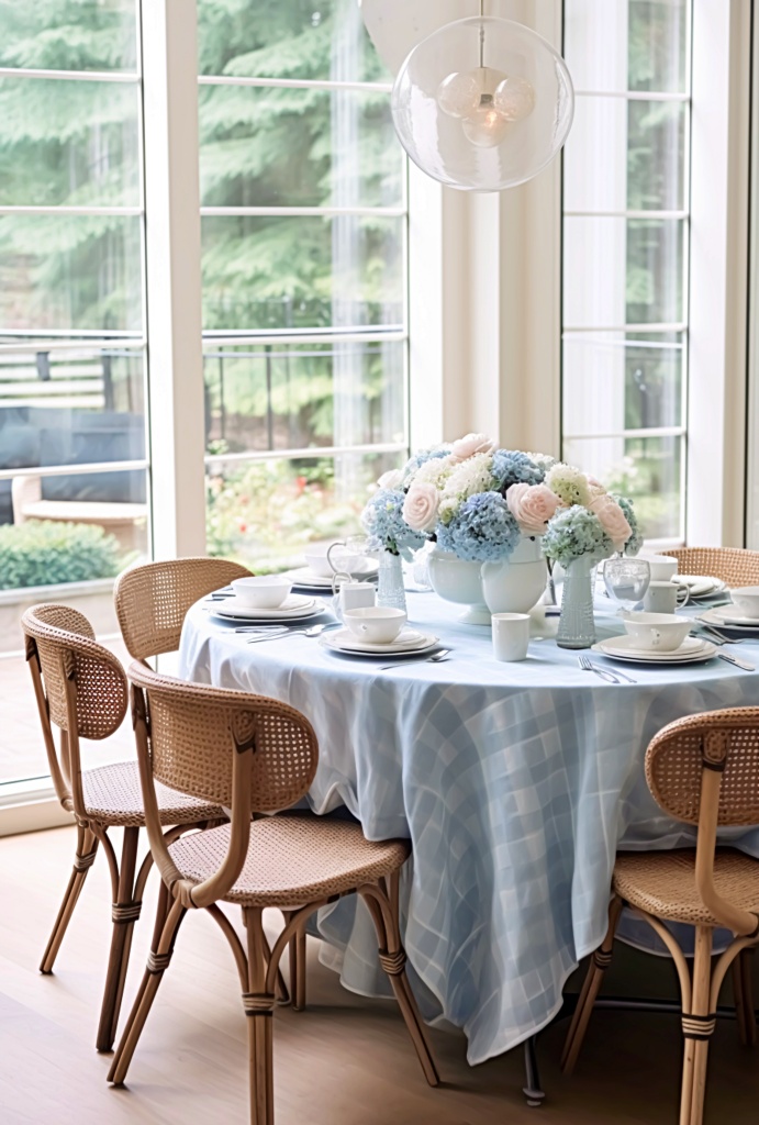 light and airy country dining room with round table