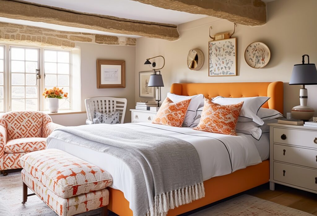 orange and white bedroom in English cottage