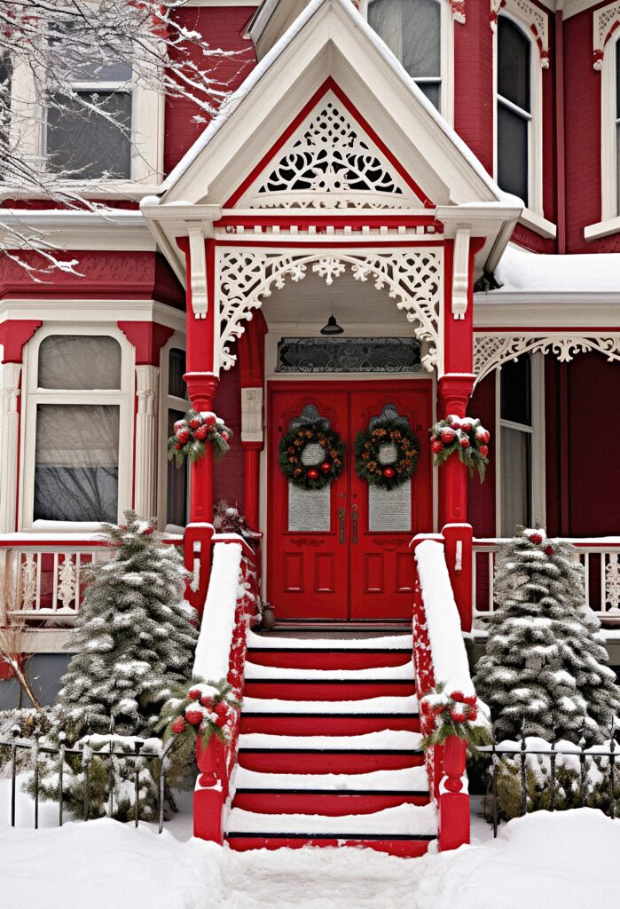 Red Victorian house at Christmas