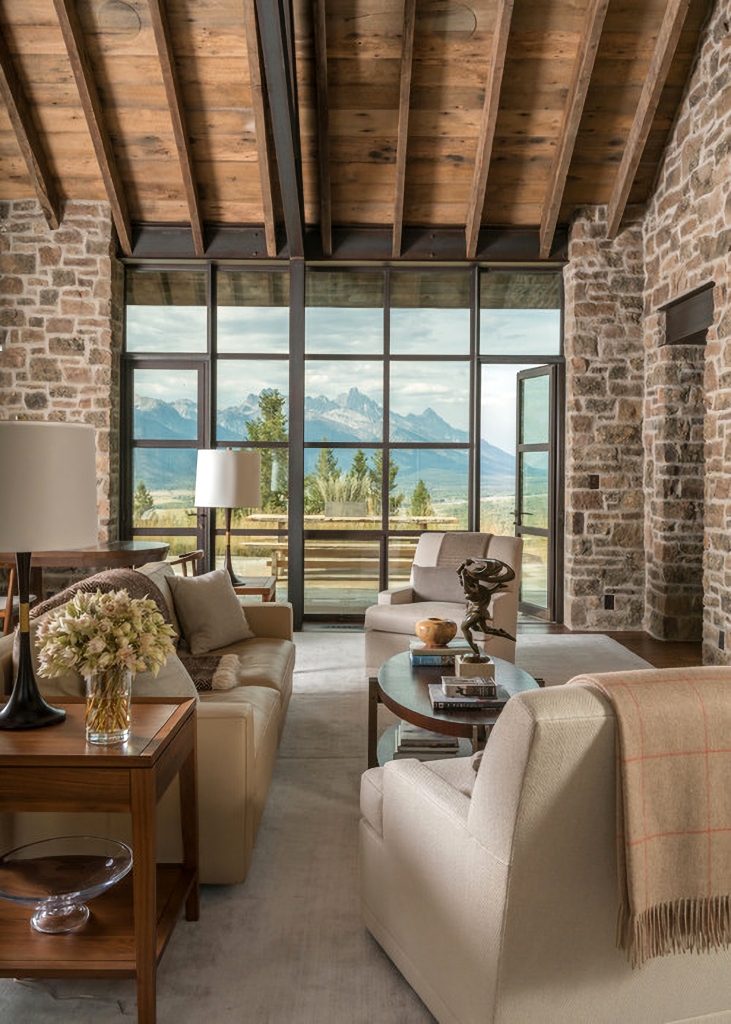 rustic living room with view of the mountains