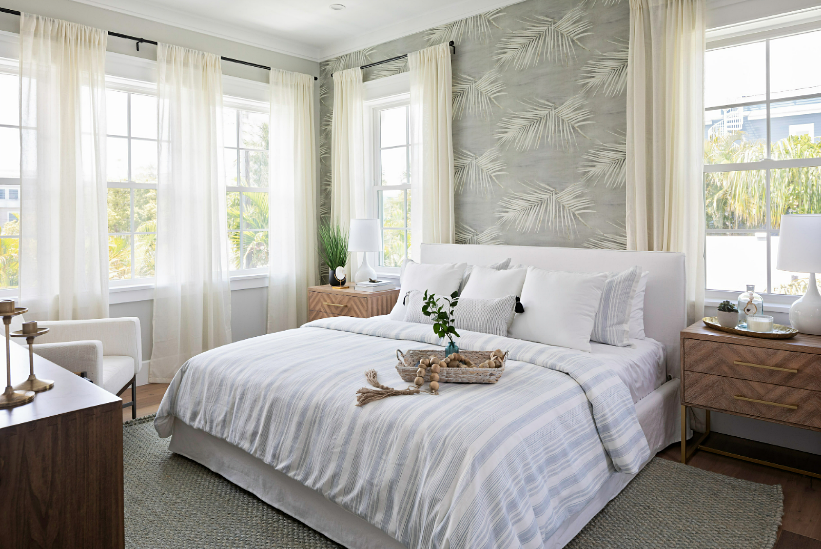 coastal style master bedroom in gray and white