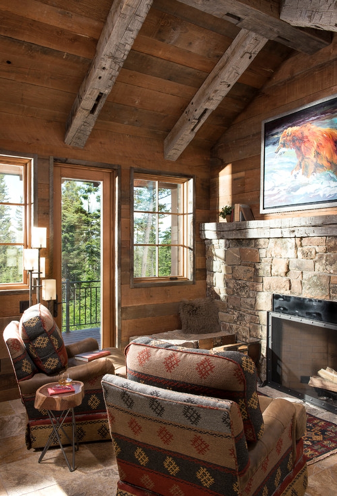 cozy cabin living room with stone fireplace