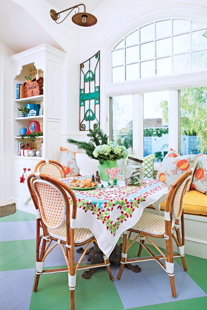 colorful breakfast nook in Christmas cottage