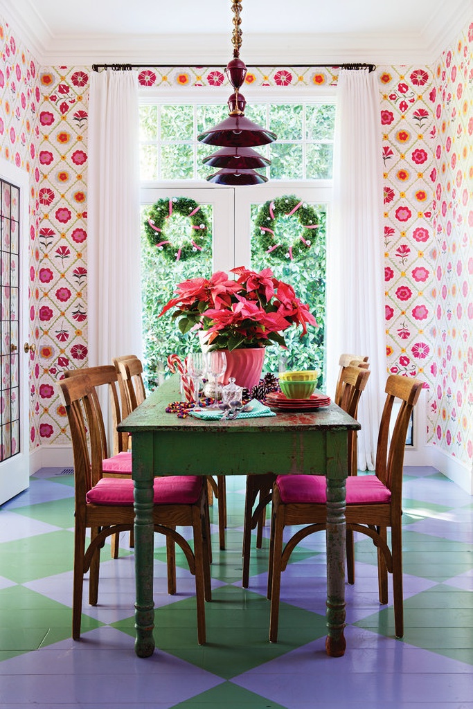 Christmas dining room with floral wallpaper