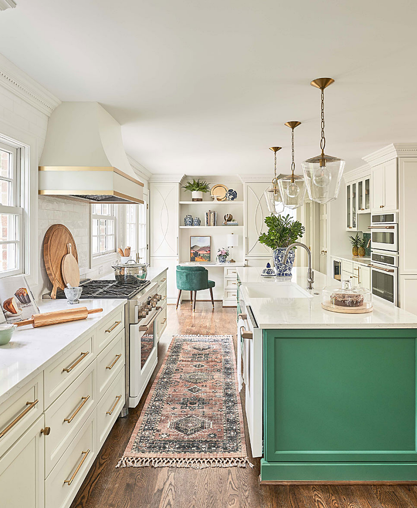 stunning green and white galley-style kitchen