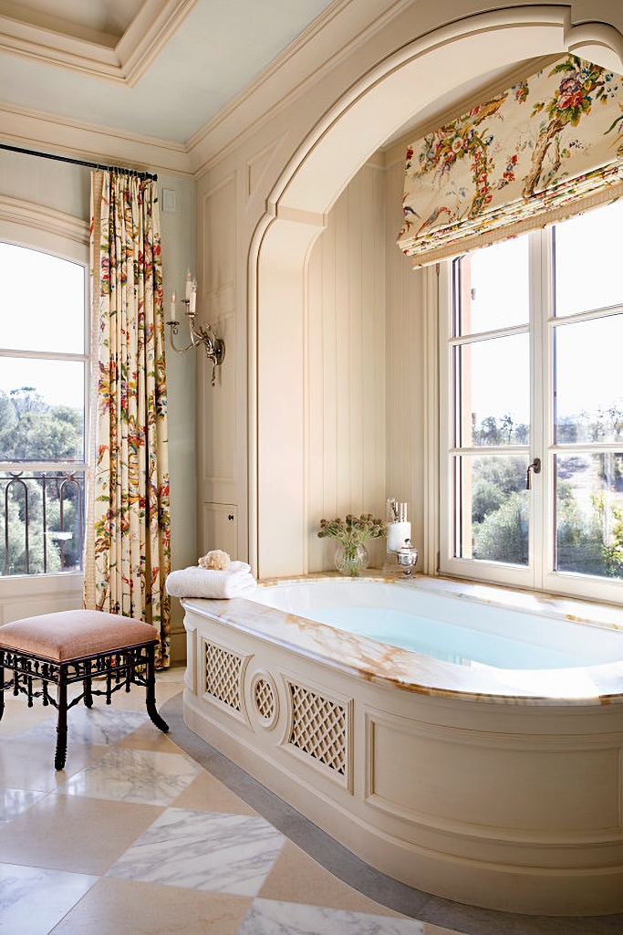 elegant bathroom with views of vineyard