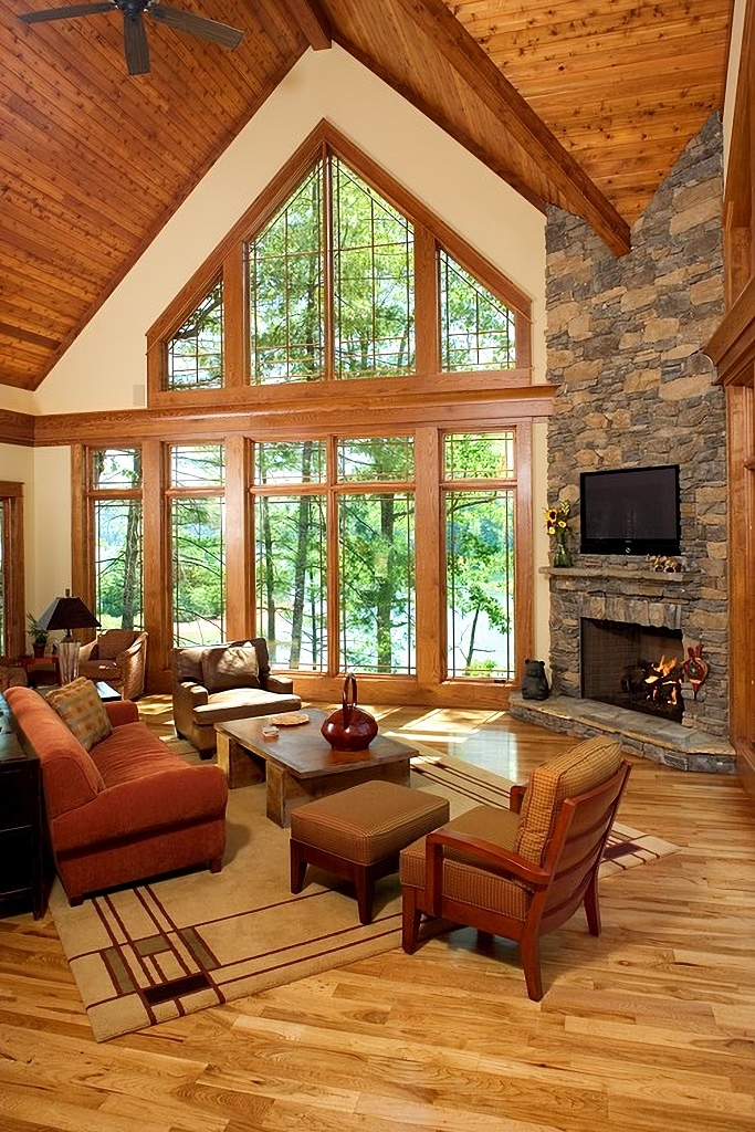 rustic living room with double decker windows