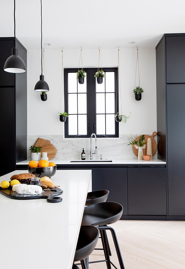 modern farmhouse kitchen in black and white