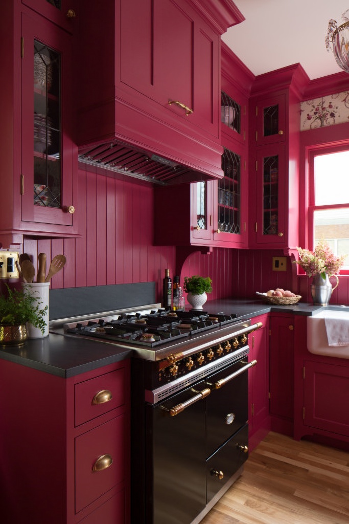 traditional kitchen with red cabinets