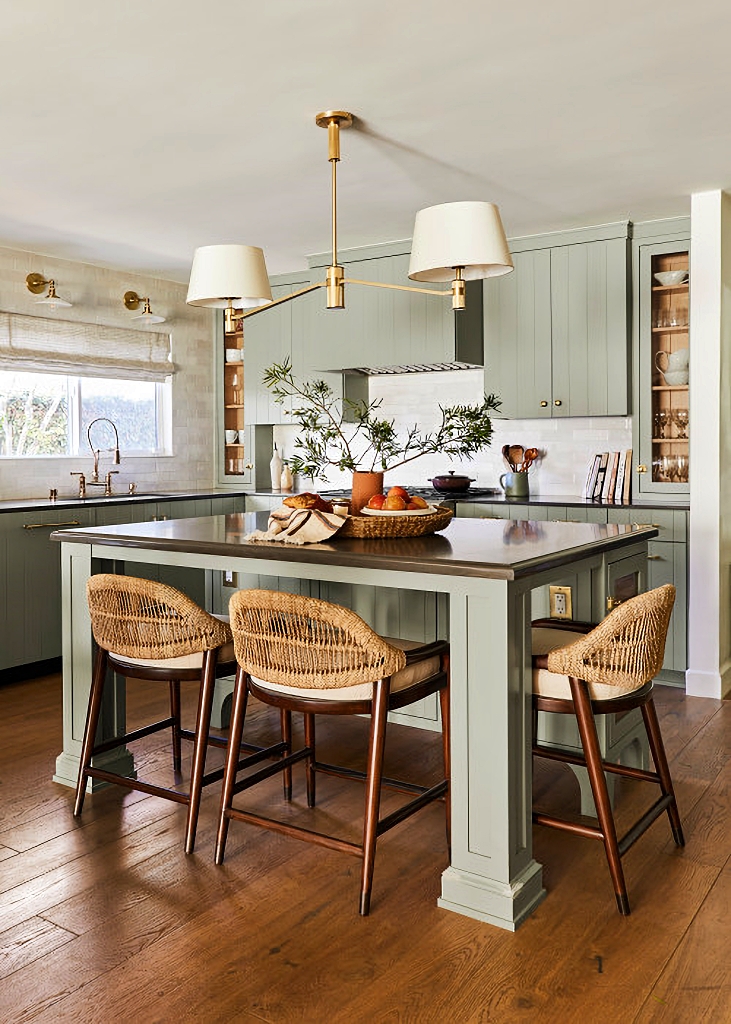 traditional kitchen with gray-green cabinets