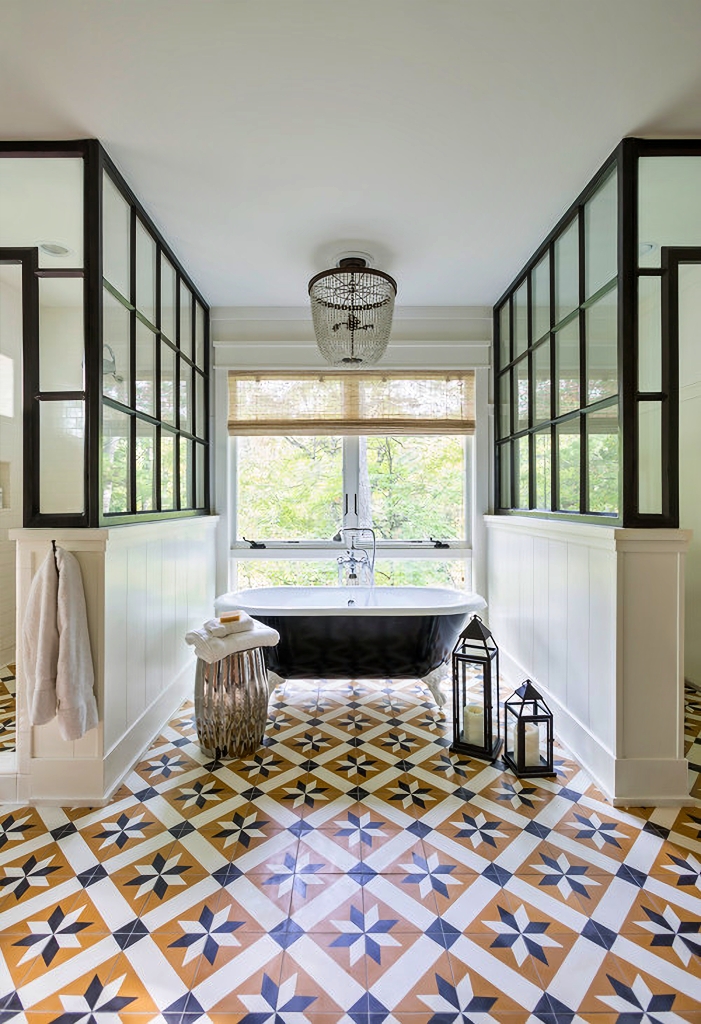 modern vintage bathroom with bold patterned floor