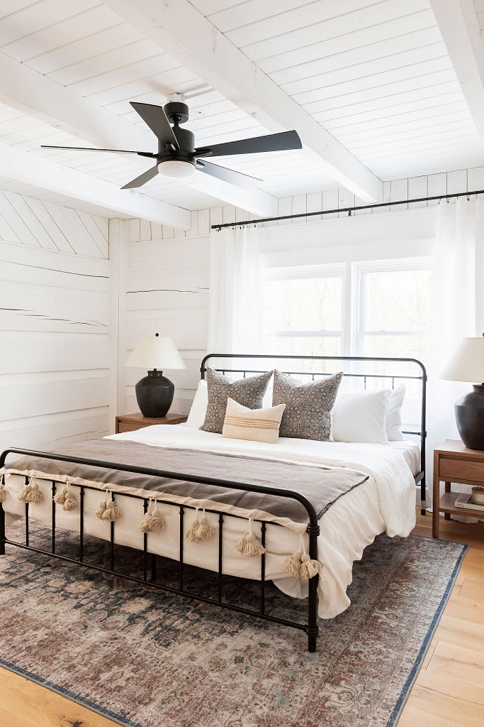 Scandinavian-style cabin master bedroom