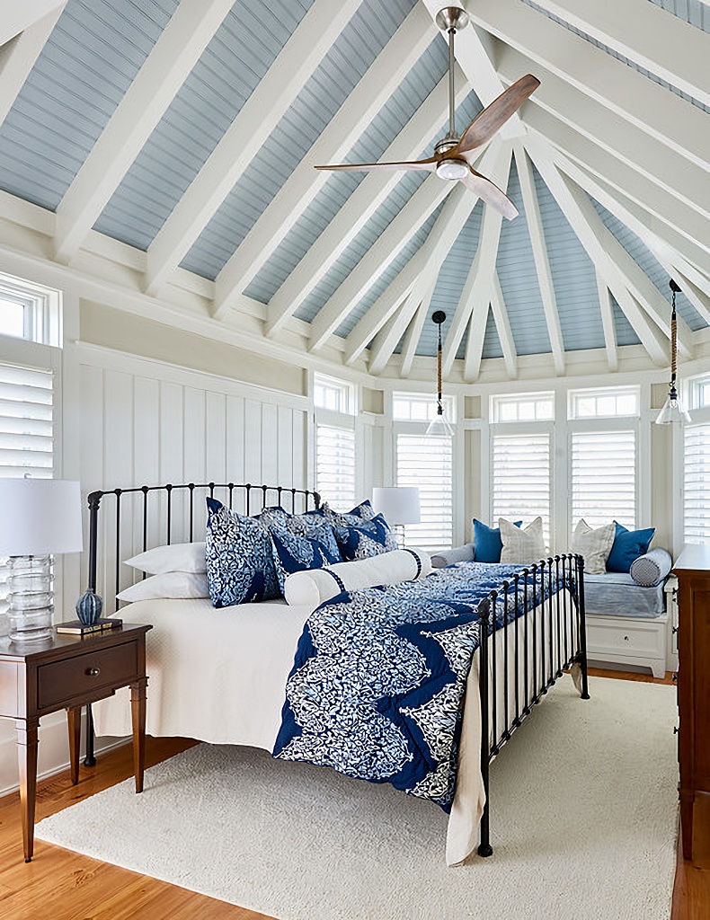 coastal bedroom with amazing ceiling