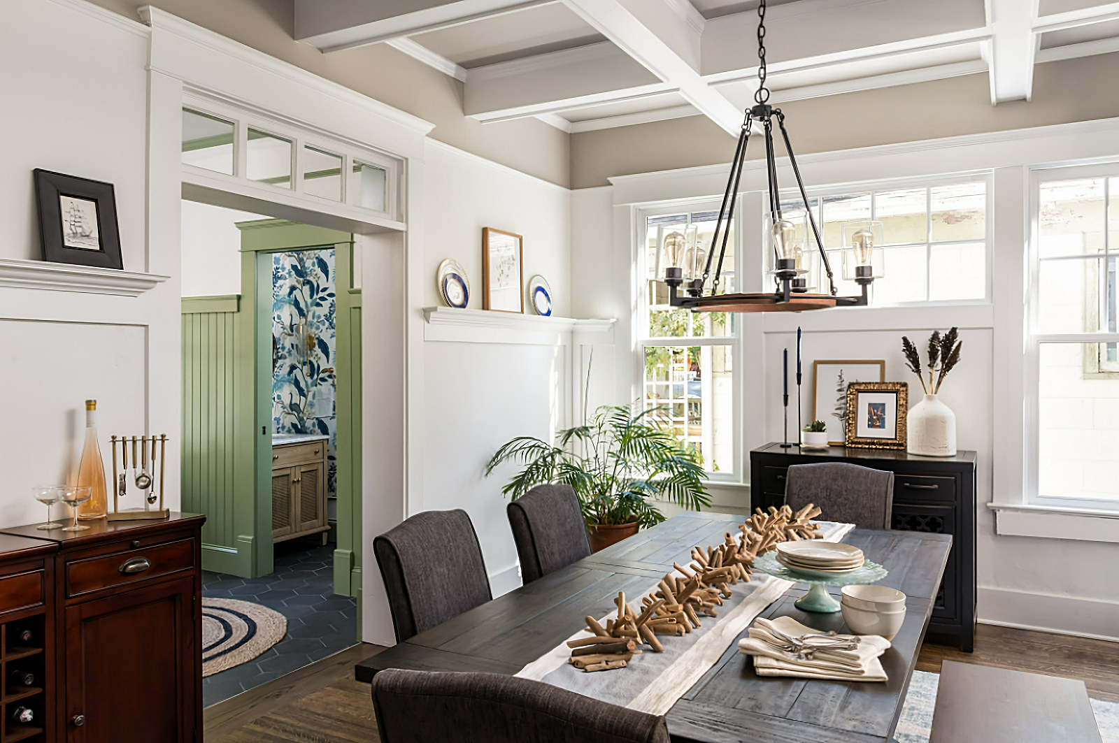 craftsman dining room with coffered ceiling
