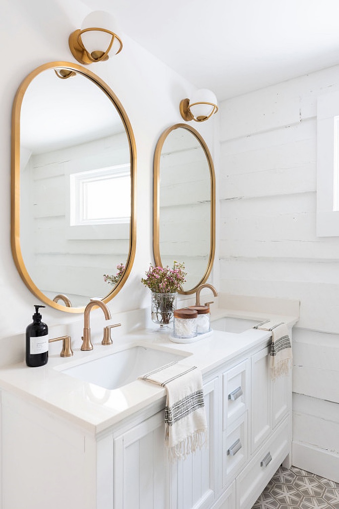 gold and white master bathroom