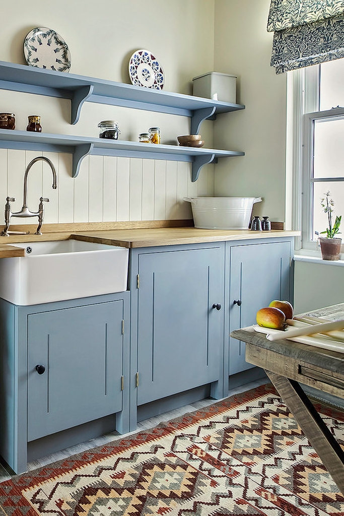 light blue kitchen in historic home