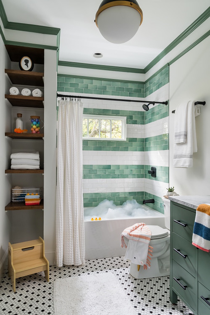 green and white bathroom in craftsman home