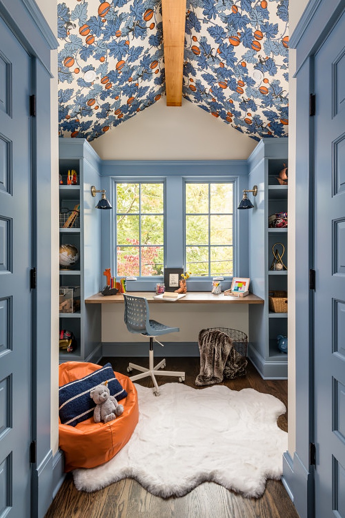 kids room with blue trim and wallpapered ceiling