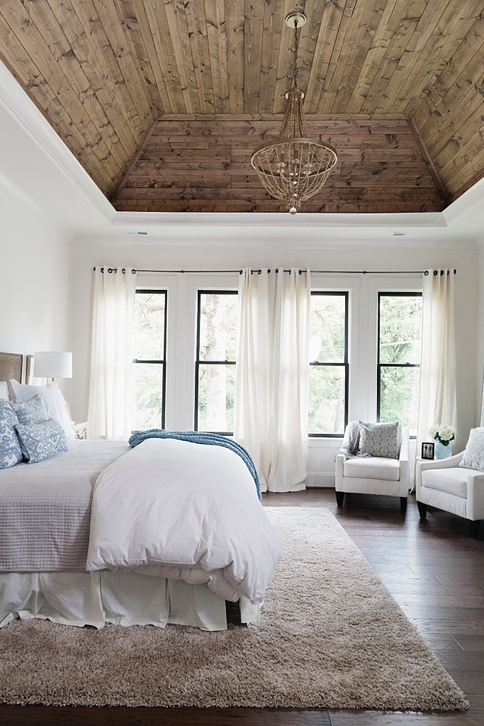 natural wood ceiling in bedroom