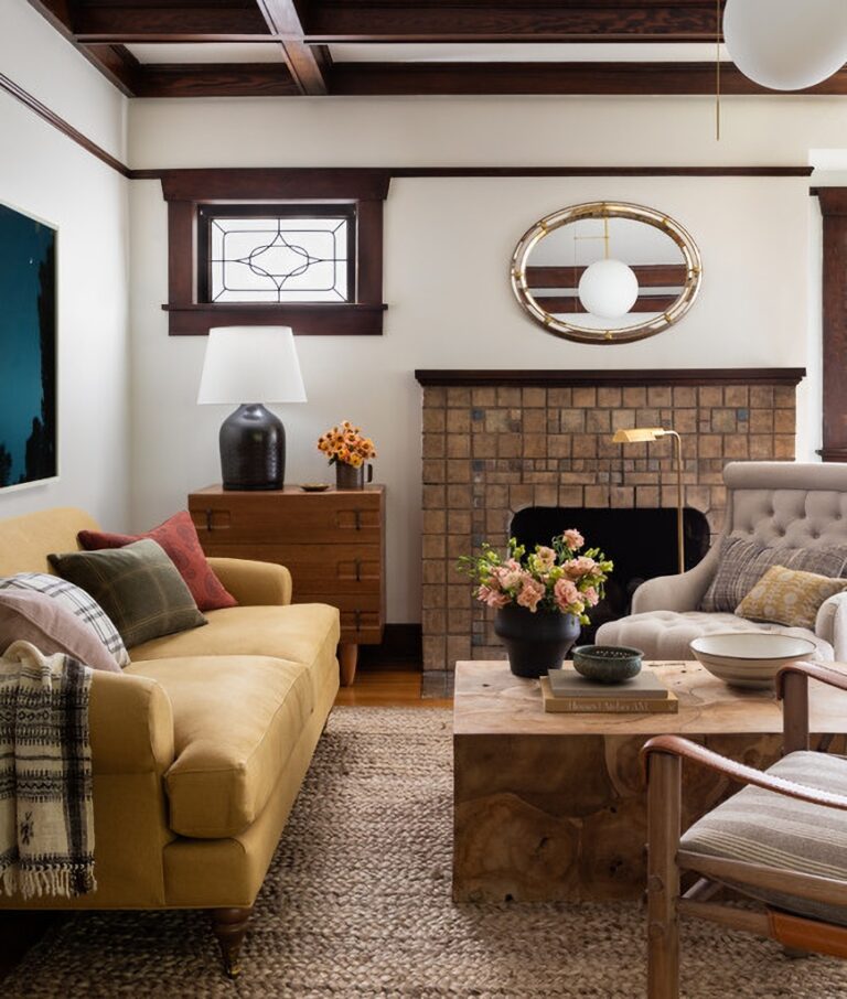 Craftsman home living room with mustard sofa