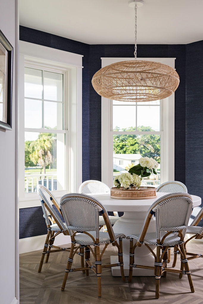 navy and white dining room
