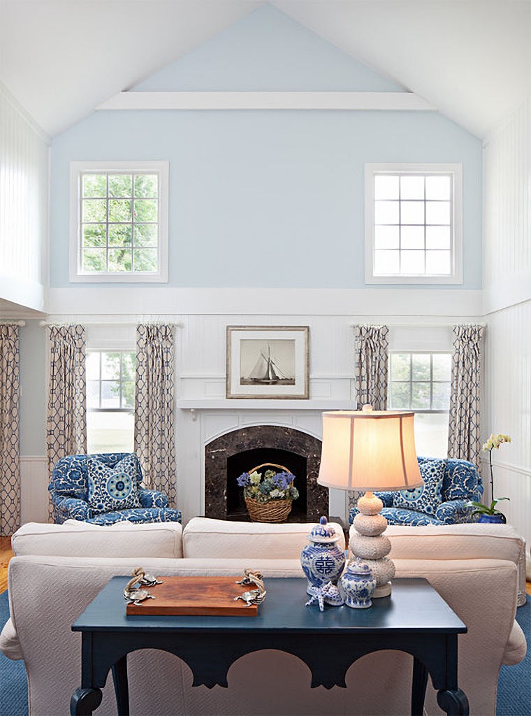 Beautiful vaulted family room in shades of blue and white
