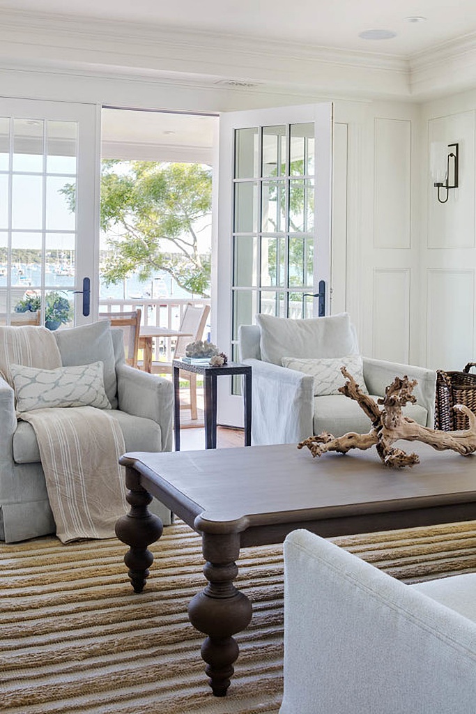 white and pale blue living rooms - coastal style