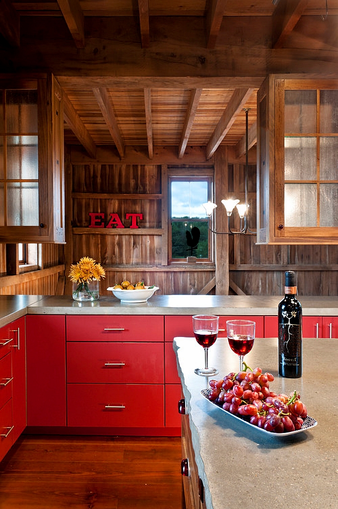 wood kitchen with red cabinets