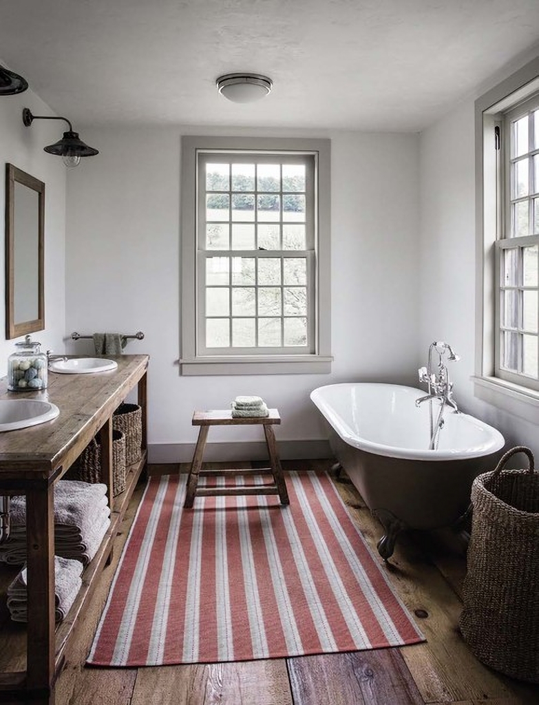 historic bathroom in wood, gray, and red