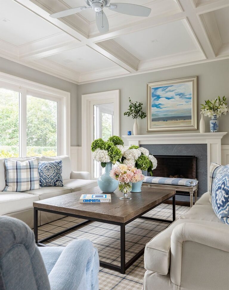 white and pale blue living rooms