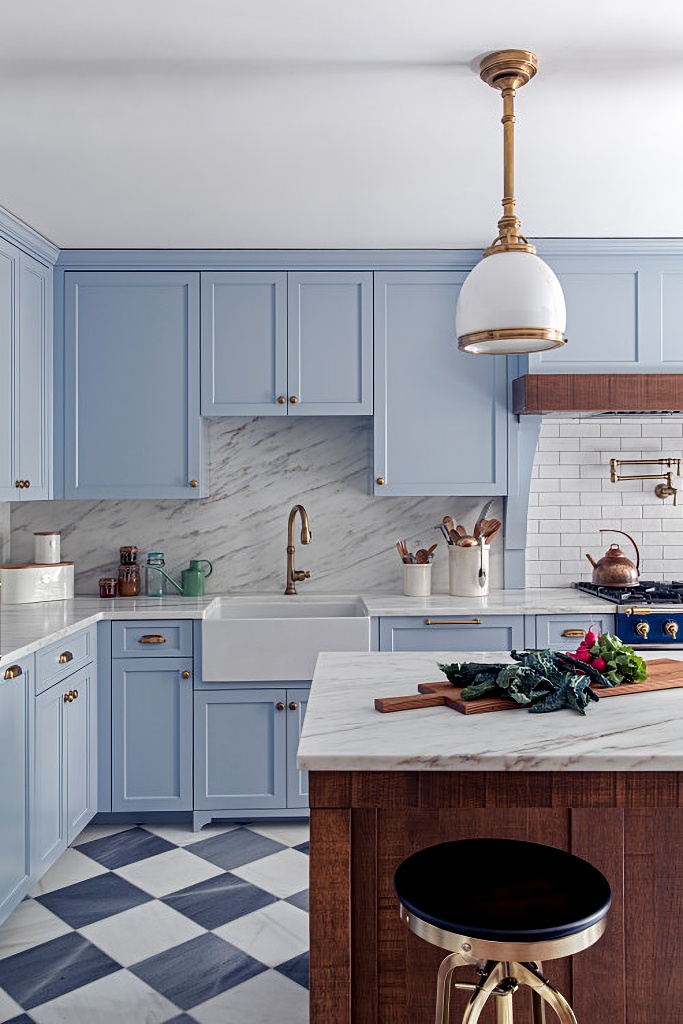 pale blue cabinets in serene kitchen