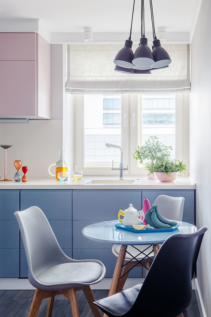 Scandinavian style kitchen in pink and blue
