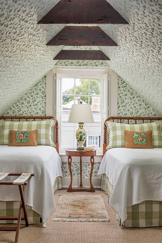 green bedroom with twin beds