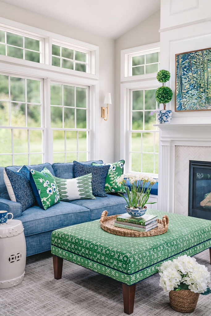 navy blue and bright green living room