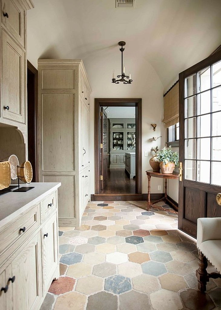 hexagonal stone tiles in foyer