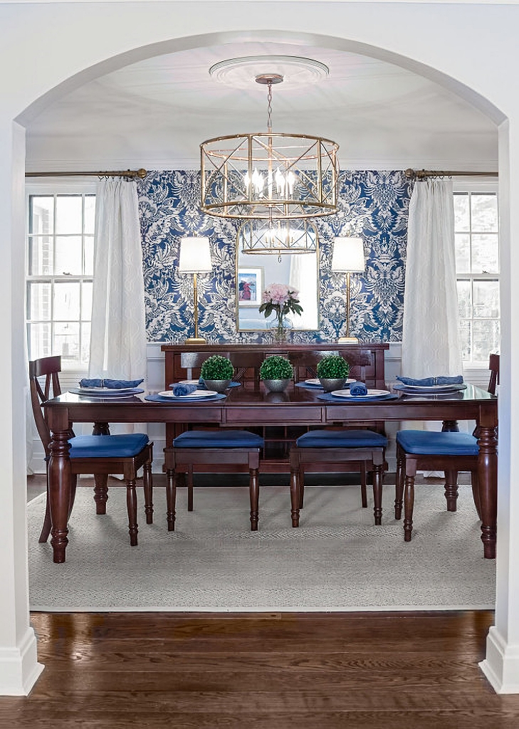 blue and white formal dining room