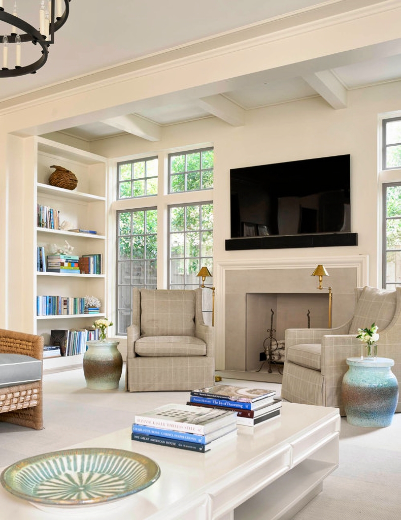 transitional living room with fireplace